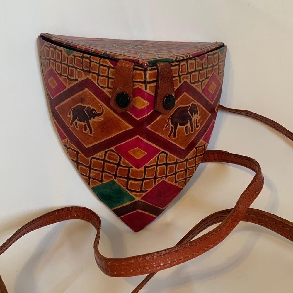 Vintage Hand Painted Leather Triangle Crossbody Elephant Motifs Tab Snap Closure